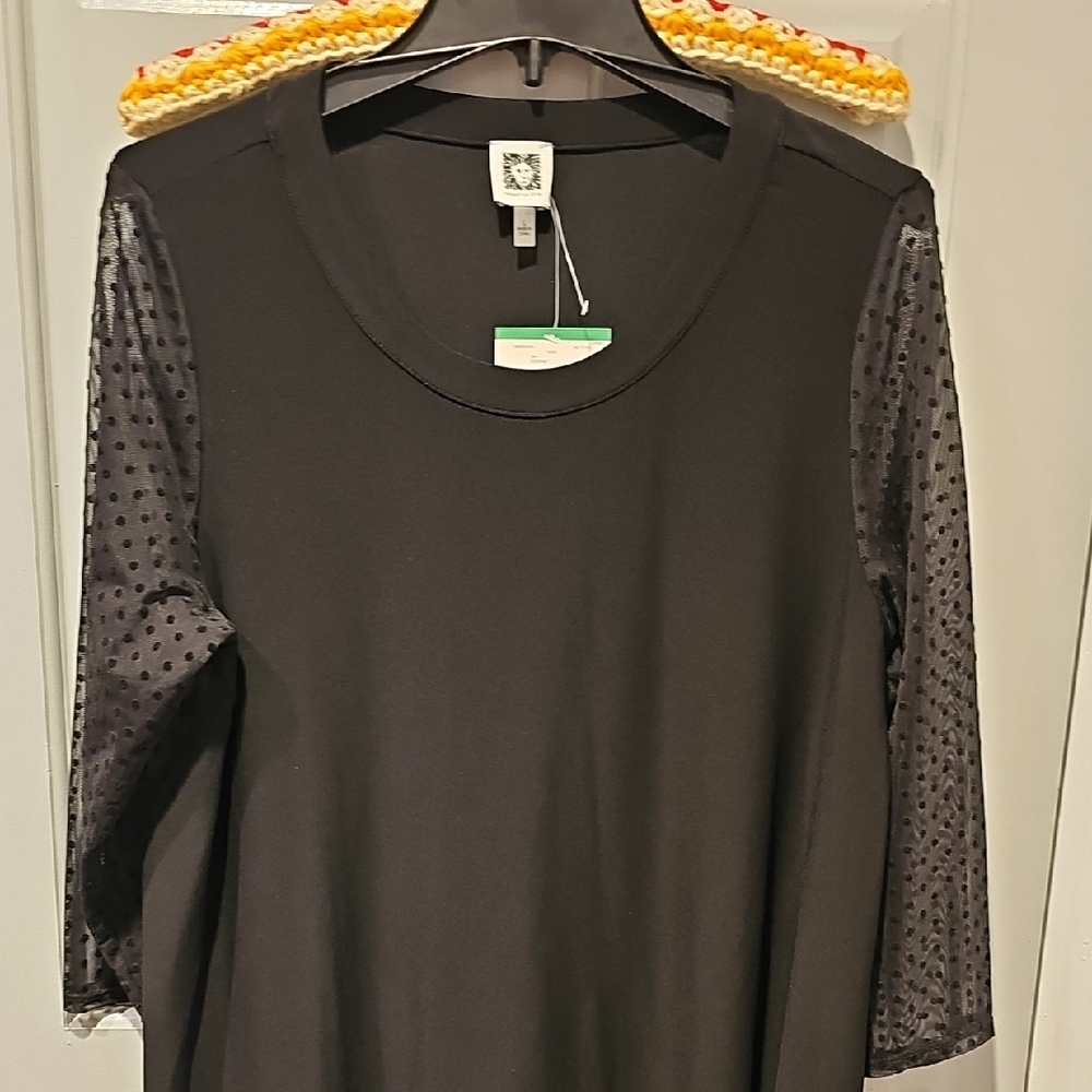 NWT Anne Klein Black Top Sheer Polka Dot 3/4 Sleeves Casual Dressy Large Women